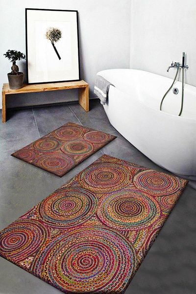 Else Halı Else Wicker Sisal Jute με μοτίβο πλενόμενη αντιολισθητική βάση 2 τεμαχίων χαλάκι μπάνιου Σετ καθίσματος τουαλέτας Jtsbny-4