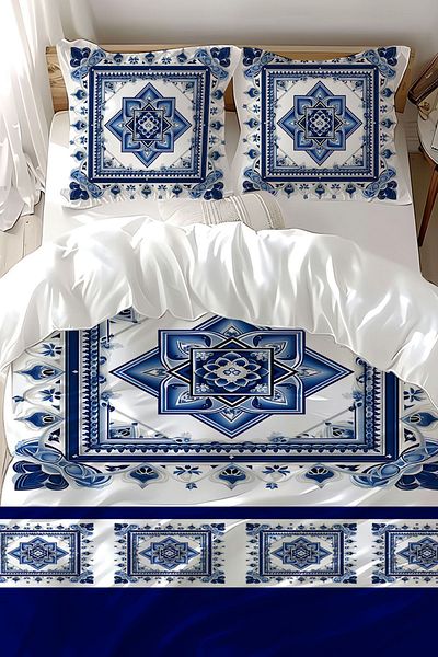 Else Dekor Double Blue and White Floral Patterned Cotton Satin Duvet Cover Set