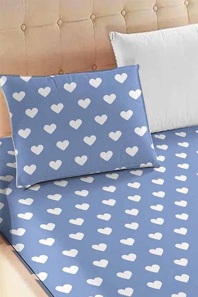 Else Halı Blue and White Heart Patterned Elastic Single Pillowed Elastic Sheet Set 90x190cm