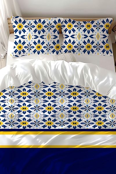 Else Dekor Set cuvertură dublă din satin de bumbac imprimat cu modele etnice - Albastru Alb Galben