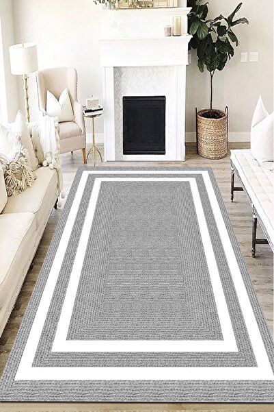 Else Halı Dijital Kaymaz Gri Jüt Görünümlü Beyaz Çerçeveli Yıkanabilir Salon ...