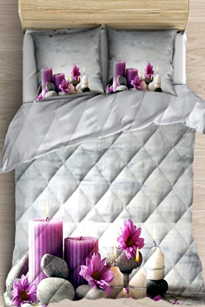 Else Halı Else Mor Çiçekler Spa Taşları 3d Desenli Çift Kişilik Mikrofiber Yo...