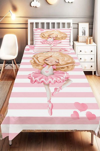 Else Dekor Single Pink White Princess Patterned Children's and Baby's Room Decorative Bedspread