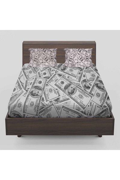 Else Halı Gray Black Dollars Coins Patterned Elastic Double Fitted Sheet Set 160x200cm