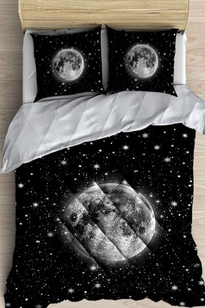 Else Dekor Black White Space Moon Stars 3D Patterned Double Microfiber Quilted Quilt