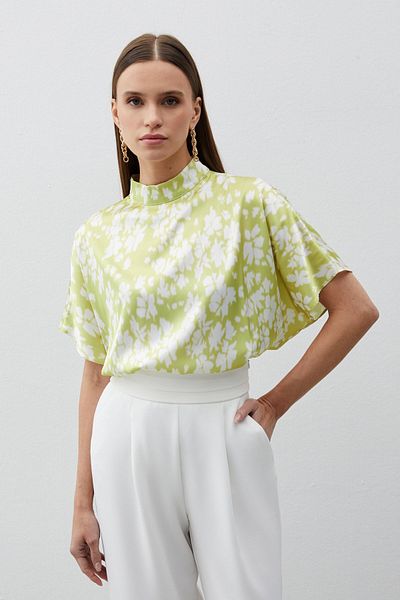 Sateen Bluză cu guler stand cu model ploios - VERDE ULEI