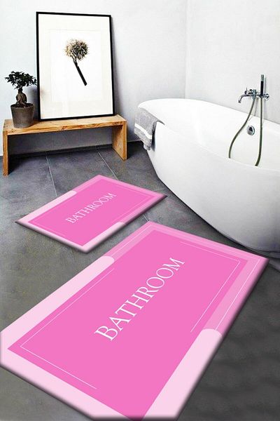 Else Halı Else Pink Bath Written Washable Αντιολισθητική Βάση 2 τεμαχίων Χαλάκι μπάνιου Σετ καθίσματος τουαλέτας Μοκέτα Passo-10