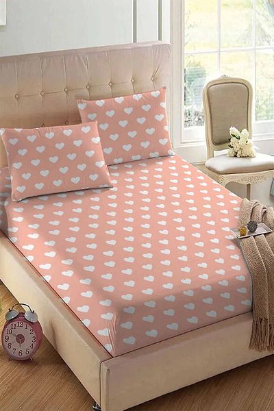 Else Halı Else Pink White Heart Patterned Elastic Double Elastic Pillowed Sheet Set 160x200cm