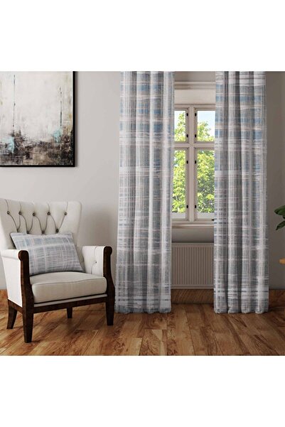 Else Halı Gri Mavi Çizgiler Geometrik Desenli Oturma Odası Salon Fon Perde