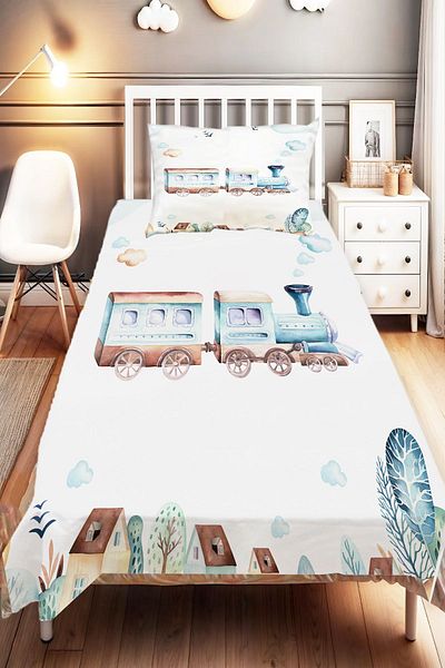 Else Dekor Single Blue Train City Patterned Children's Baby Room Decorative Bedspread