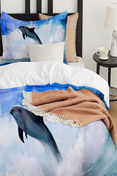 Else Dekor Детски комплект плик за завивка от памучен сатен "Делфин" - с морски мотив, единичен