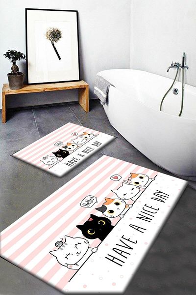 Else Halı Else Cute Cats με μοτίβο που πλένεται αντιολισθητική βάση 2 τεμαχίων χαλάκι μπάνιου Σετ καθίσματος τουαλέτας