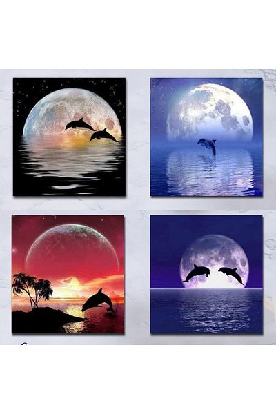 Else Dekor Else Dolphin Moon Patterned 4-Piece Coffee Tea Coasters Set Washable Non-Slip