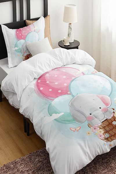 Else Dekor Single Elephant Fox Patterned Children's Duvet Cover Set - Without Sheets