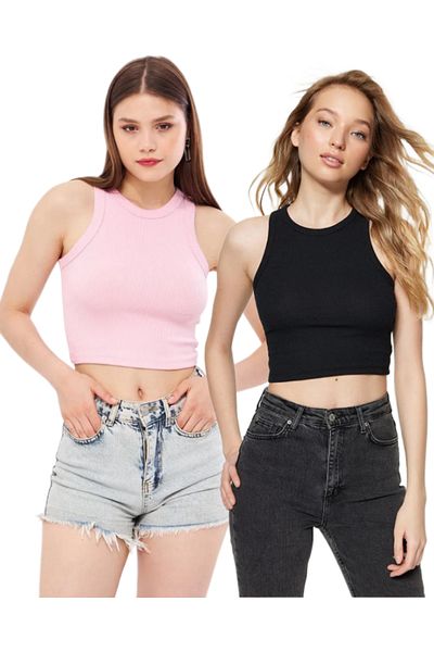 POLYMOOD Pack of 2 Fitted Black-Pink Body Fitted Crop Basic Collar Ribbed Flexible Knitted Undershirt