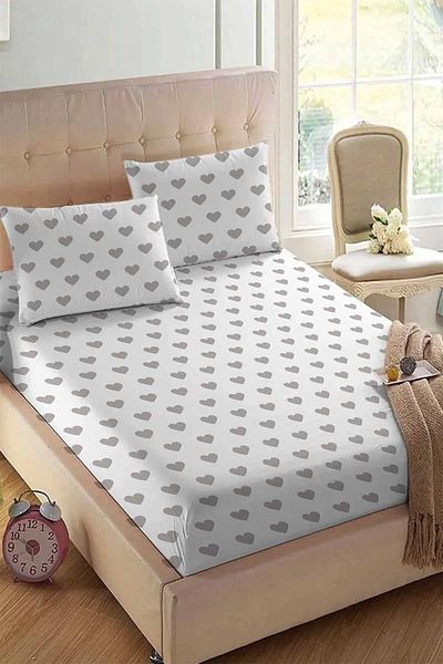 Else Halı Else White Gray Heart Patterned Elastic Double Elastic Pillowed Sheet Set 160x200cm
