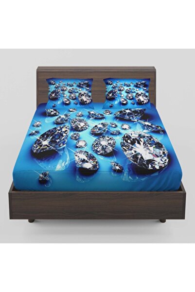 Else Halı Mavi Beyaz Pırlantalar Desenli Lastikli Çarşaf Takımı 160 x 200 cm