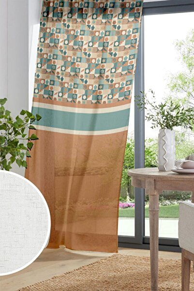 Else Dekor 140x260cm Brown Retro Printed Tulle Living Room Kitchen Curtain