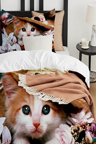 Else Dekor Детски комплект завивка от памучен сатен с щампа на котка - единичен