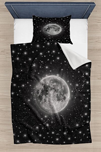 Else Halı Else Siyah Gri Uzay Galaksi Yıldızlar Desenli Yatak Örtüsü Tek Kişi...
