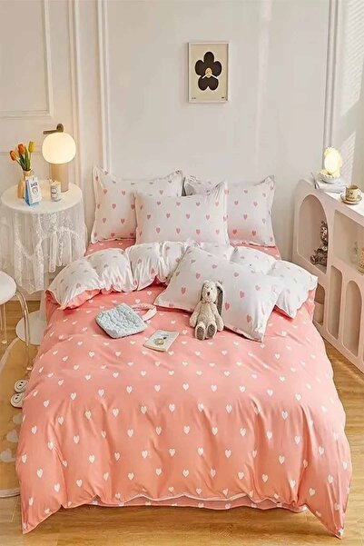 Else Dekor Else Double Sided Pink Hearts Cotton Satin Double Duvet Cover Set