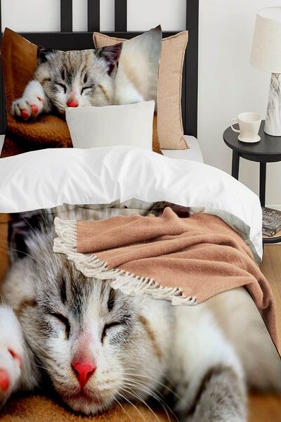 Else Dekor Uyuyan Kedi Desenli Baskılı Pamuk Saten Çocuk ve Tek Kişilik Nevresim Takımı