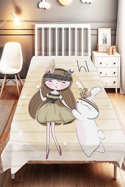 Else Dekor Girl Patterned Rabbit Kids and Baby Bedspread - Decorative