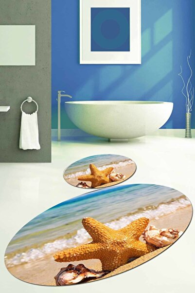 Else Halı Kadser Deniz Yıldızı 3d Oval Banyo Paspas Seti Klozet Takımı