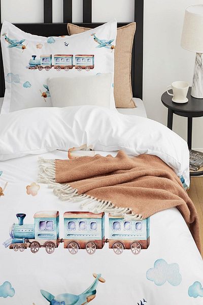 Else Dekor Blue Train and Airplane Patterned Single Children's Duvet Cover Set Without Sheets