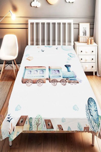 Else Dekor Single Blue Train City Patterned Children's Baby Room Decorative Bedspread