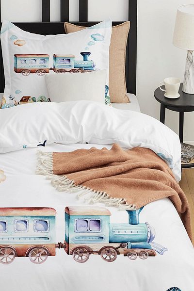 Else Dekor Blue Train City Patterned Single Children's Duvet Cover Set Without Sheets