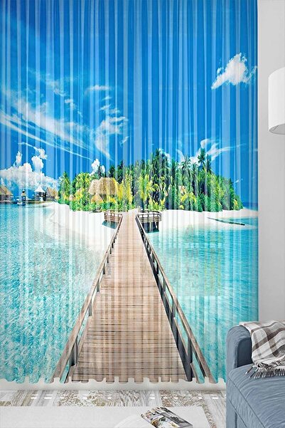 Else Halı Else Mavi Deniz Köprü Desenli Dekoratif Modern 3d Tül Fon Perde