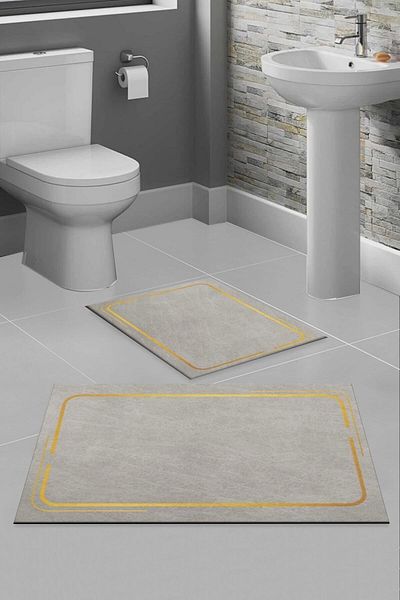 Else Halı Else Decor Γκρι κίτρινο μοτίβο πλενόμενη αντιολισθητική βάση 2 τεμαχίων χαλάκι μπάνιου Σετ καθίσματος τουαλέτας