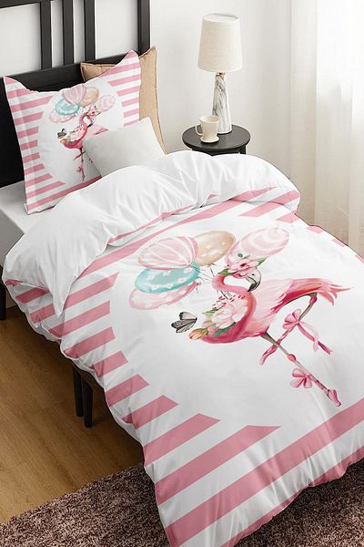 Else Dekor Pink and White Filamingo Patterned Single Children's Duvet Cover Set Without Sheets