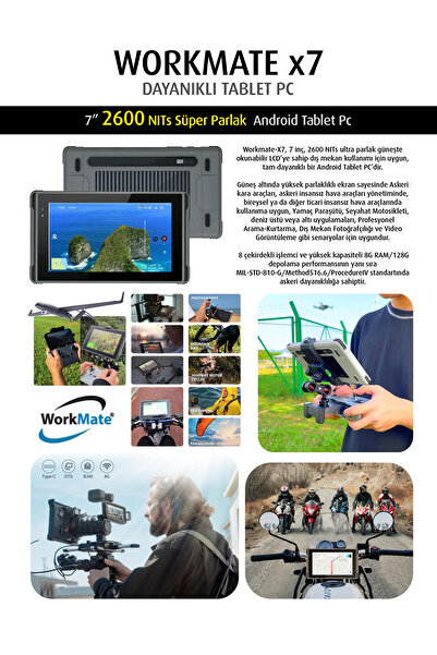 WORKMATE X7 2600NITs İnanılmaz Parlak Ekranlı 7" Endüstriyel Android Tablet TELEFON ÖZELLİKLİ Pc