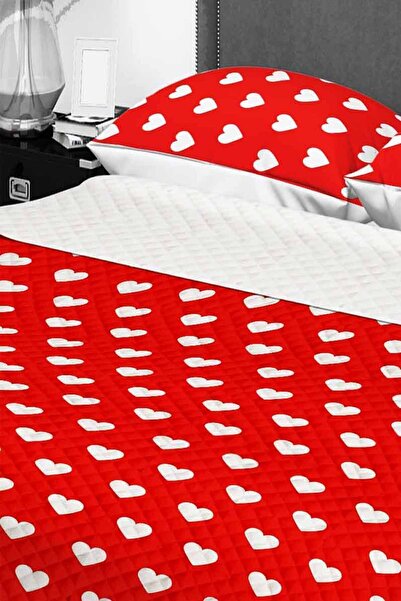 Else Dekor Red Heart Patterned Double Pillowed Printed Bedspread Pique Set 200x220cm