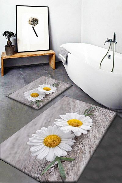 Else Halı Else Grey Yellow Daisies με μοτίβο πλενόμενη αντιολισθητική βάση 2 τεμαχίων χαλάκι μπάνιου Σετ καθίσματος τουαλέτας