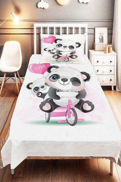 Else Dekor Panda Patterned Pink Love Bicycle Children and Baby Bedspread