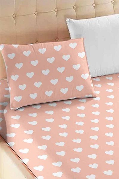 Else Halı Yavruağzı Pink White Heart Patterned Elastic Single Pillowed Elastic Sheet Set 90x190cm