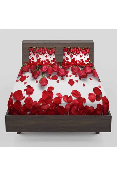 Else Halı Else Red Roses Leaves Patterned Elastic Double Elastic Sheet Set 160x200cm