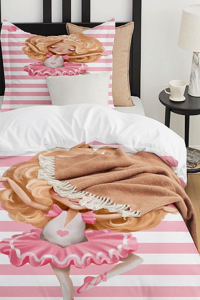 Else Dekor Pink and White Princess Patterned Single Children's Duvet Cover Set Without Sheets