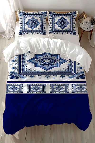 Else Dekor Double Blue and White Floral Patterned Cotton Satin Duvet Cover Set