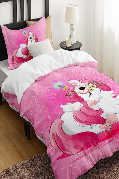 Else Dekor Pink Unicorn Horse Patterned Single Children's Duvet Cover Set Without Sheets