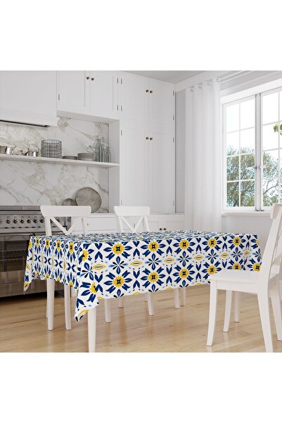 Else Dekor Ленена покривка за маса с етнически шарки - синя, бяла, жълта, дигитален печат, устойчива на петна, безпроблемна