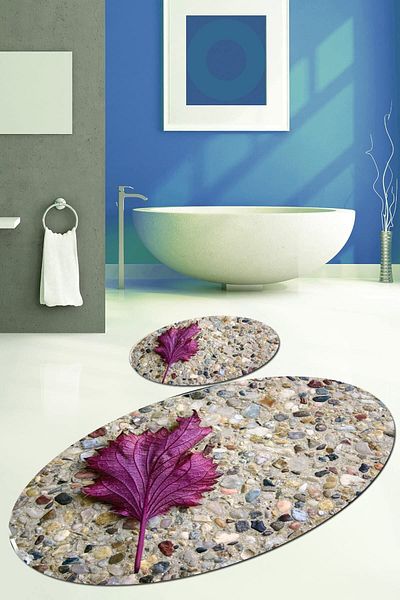Else Halı Kadser Purple Leaf 3d Oval Σετ Πατάκι Μπάνιου Σετ Τουαλέτας