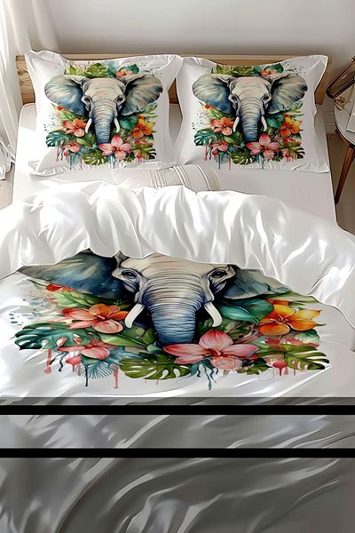 Else Halı Double Cotton Satin Duvet Cover Set - Colorful Elephants Patterned and Printed