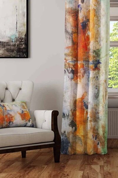 Else Halı Turuncu Sarı Krem Batik Desenli Fon Perde