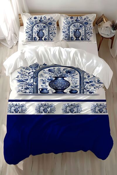 Else Halı Mavi Beyaz Vazo Vintage Desenli Baskılı Pamuk Saten Çift Kişilik Ne...