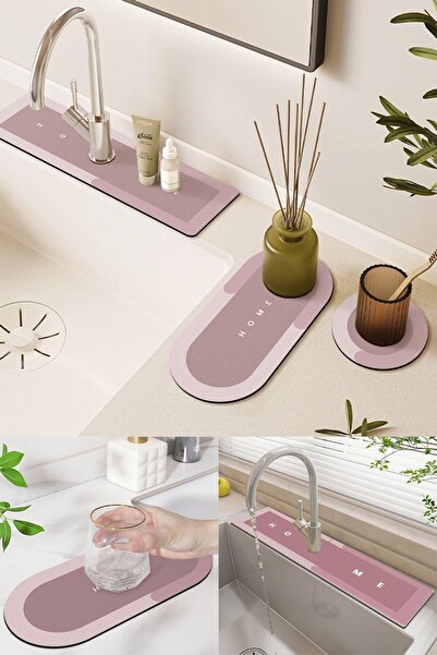 Else Halı Else Pembe Musluk Matı 3 lü Set Banyo Organizer Lavabo Matı Sabunluk Fırçalık Takı Matı