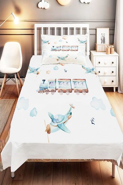 Else Dekor Single Blue Train Airplane Patterned Children's and Baby's Room Decorative Bedspread